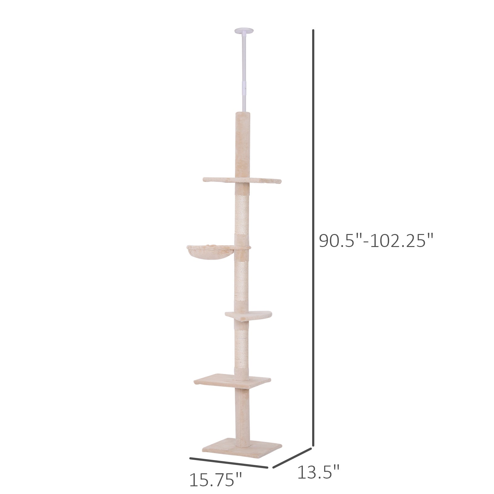 KFX-5339709 Adjustable 5-Tier Cat Tree with Scratching Posts and Hammock, Beige, 90.5"-102.25" Height