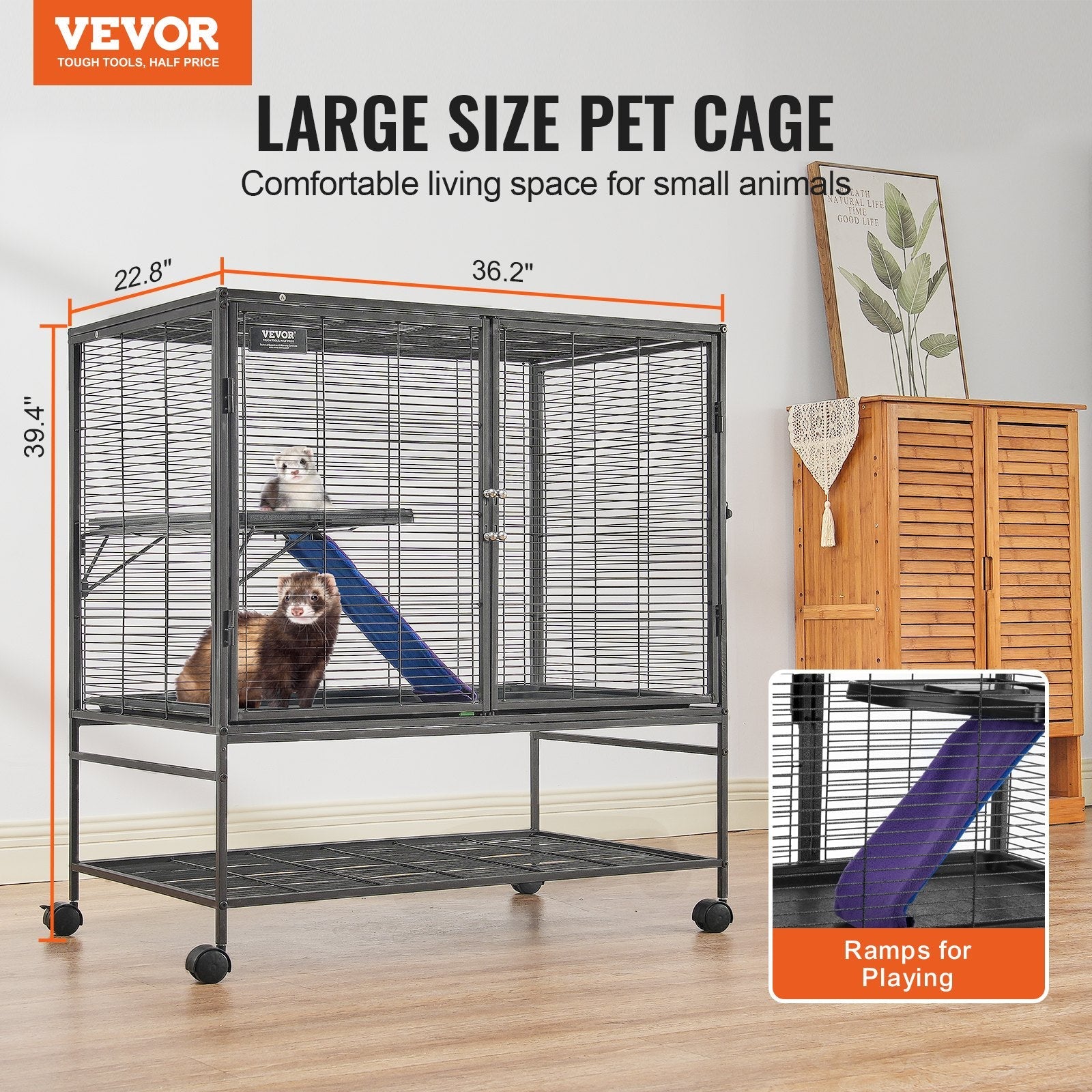 KFX-5340093 2-Tier Metal Small Animal Cage with Rolling Design and Easy-Clean Tray for Ferrets and Small Pets