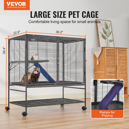 KFX-5340093 2-Tier Metal Small Animal Cage with Rolling Design and Easy-Clean Tray for Ferrets and Small Pets