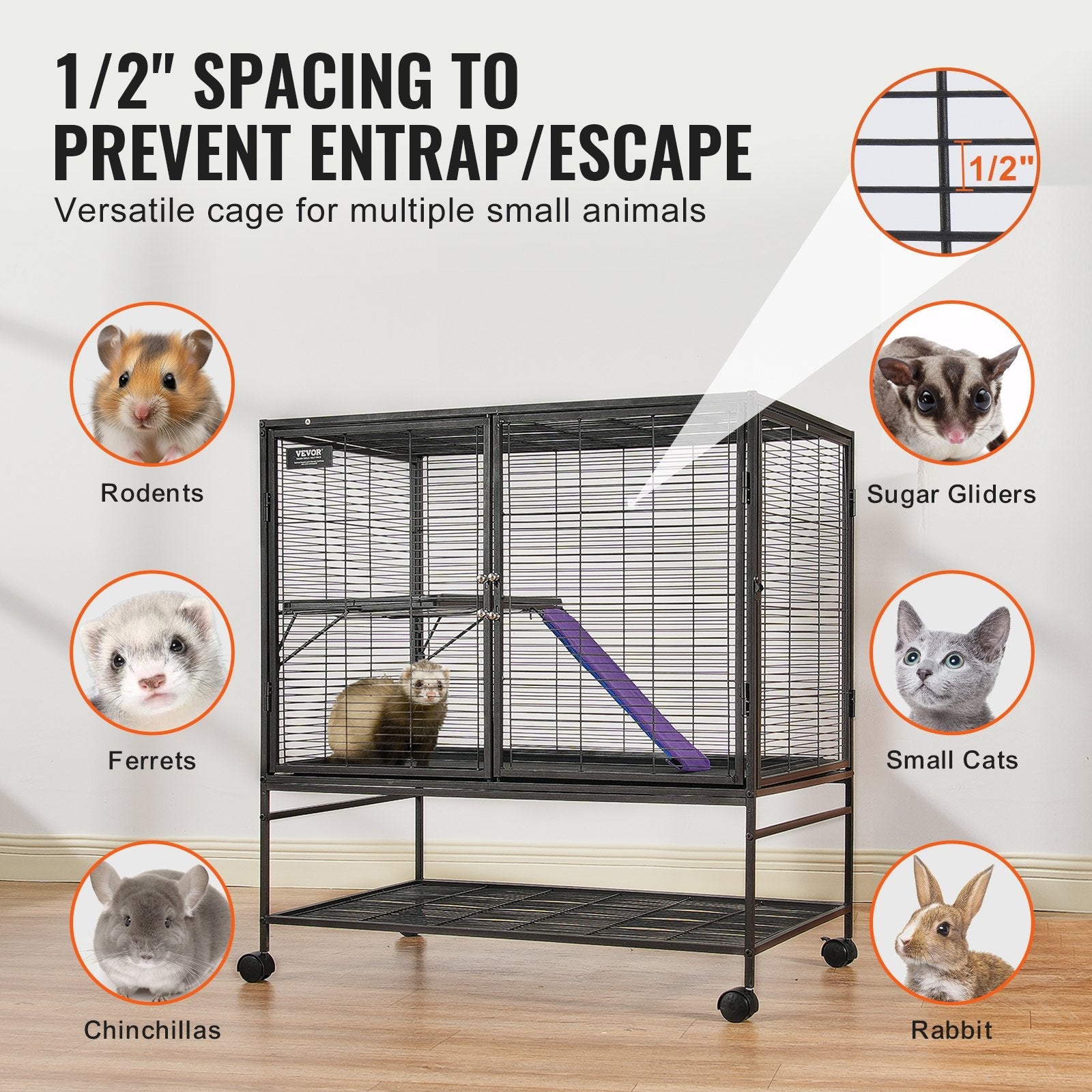 KFX-5340093 2-Tier Metal Small Animal Cage with Rolling Design and Easy-Clean Tray for Ferrets and Small Pets