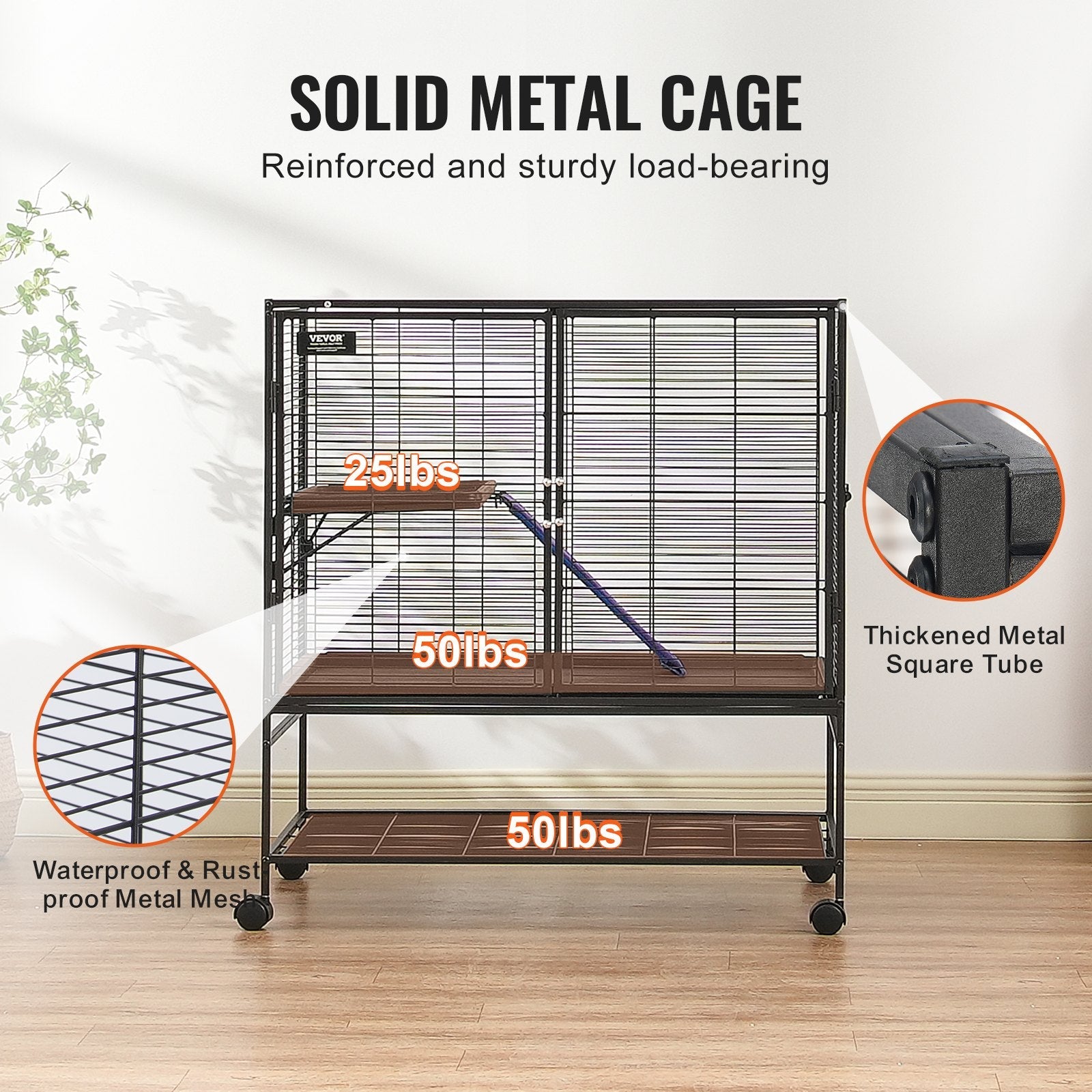 KFX-5340093 2-Tier Metal Small Animal Cage with Rolling Design and Easy-Clean Tray for Ferrets and Small Pets