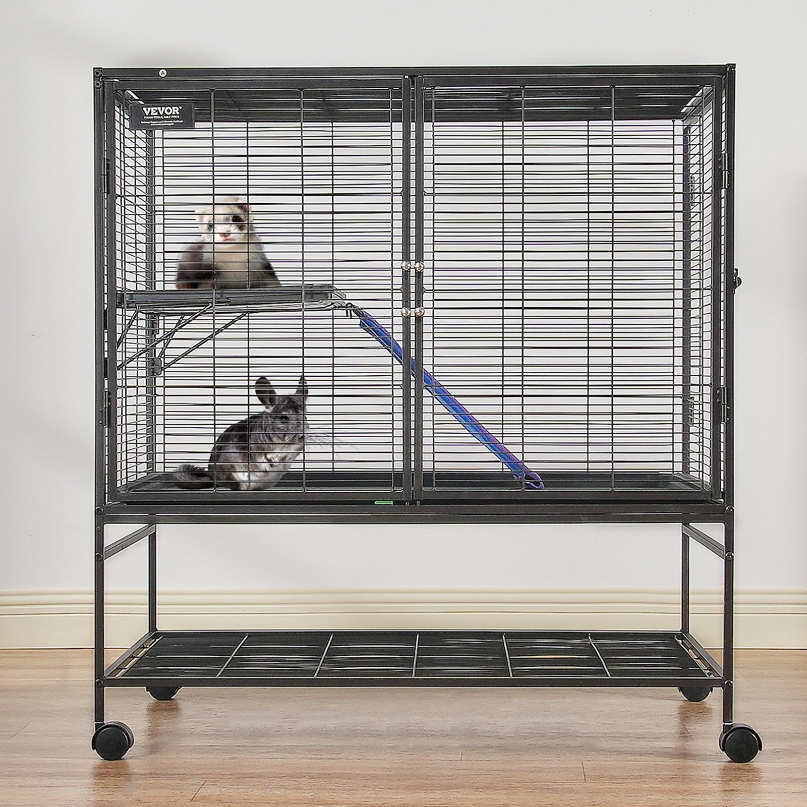KFX-5340093 2-Tier Metal Small Animal Cage with Rolling Design and Easy-Clean Tray for Ferrets and Small Pets