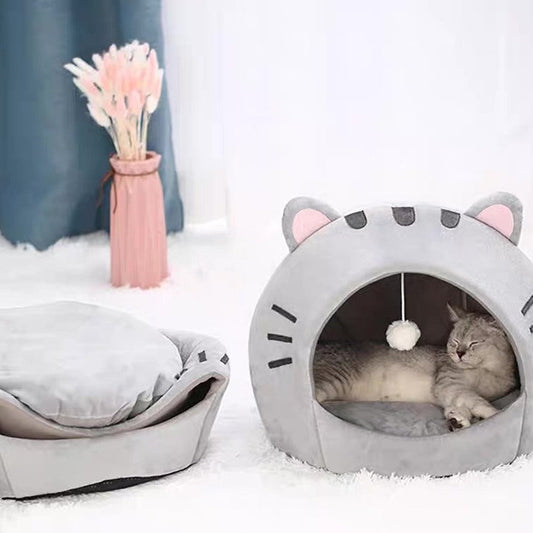 KFX-5340477 Cozy Gray Polyester Cat Nest with Closed Shelter - Winter Warm Pet Bed for Cats