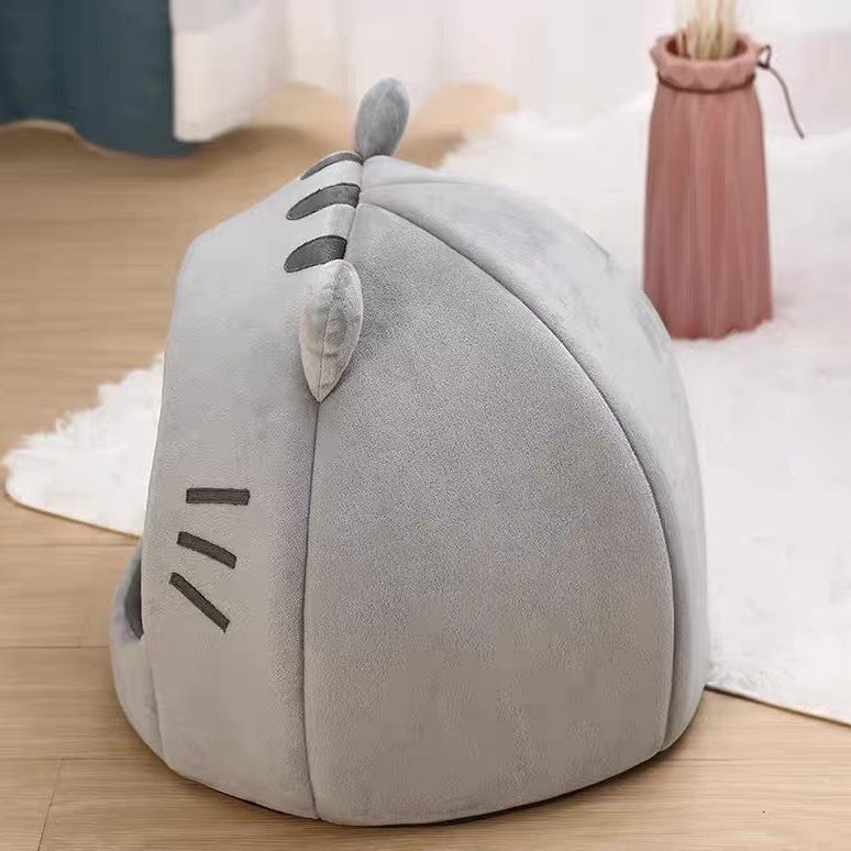 KFX-5340477 Cozy Gray Polyester Cat Nest with Closed Shelter - Winter Warm Pet Bed for Cats