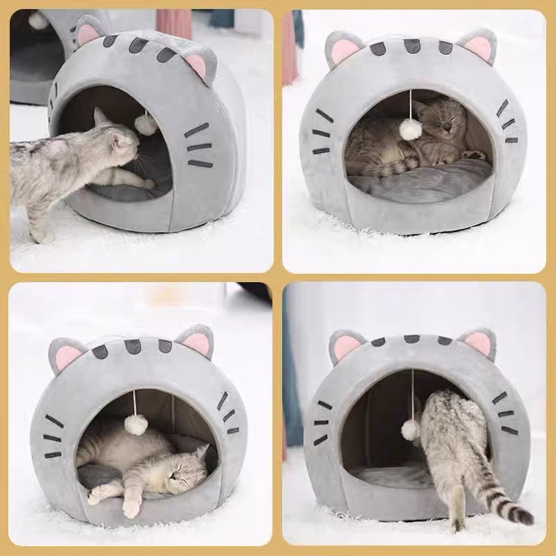 KFX-5340477 Cozy Gray Polyester Cat Nest with Closed Shelter - Winter Warm Pet Bed for Cats