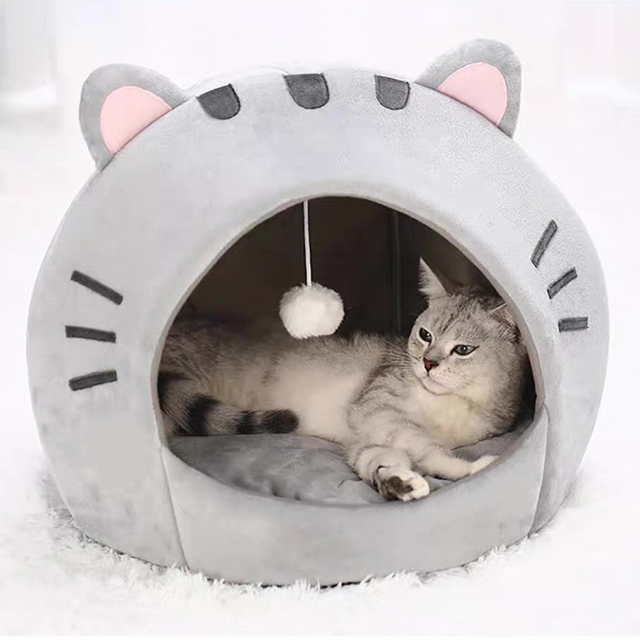 KFX-5340477 Cozy Gray Polyester Cat Nest with Closed Shelter - Winter Warm Pet Bed for Cats
