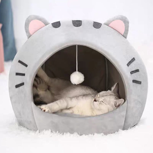 KFX-5340477 Cozy Gray Polyester Cat Nest with Closed Shelter - Winter Warm Pet Bed for Cats
