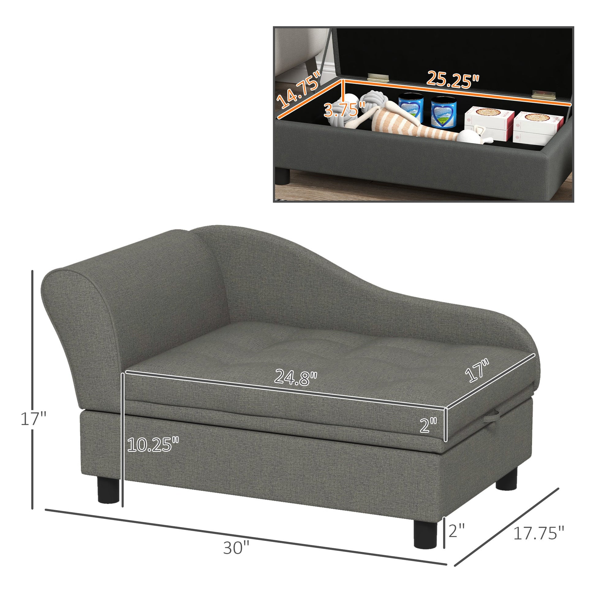 KFX-5356349 Cozy Gray Pet Sofa for Small Dogs with Under-Seat Storage and Comfortable Cushion