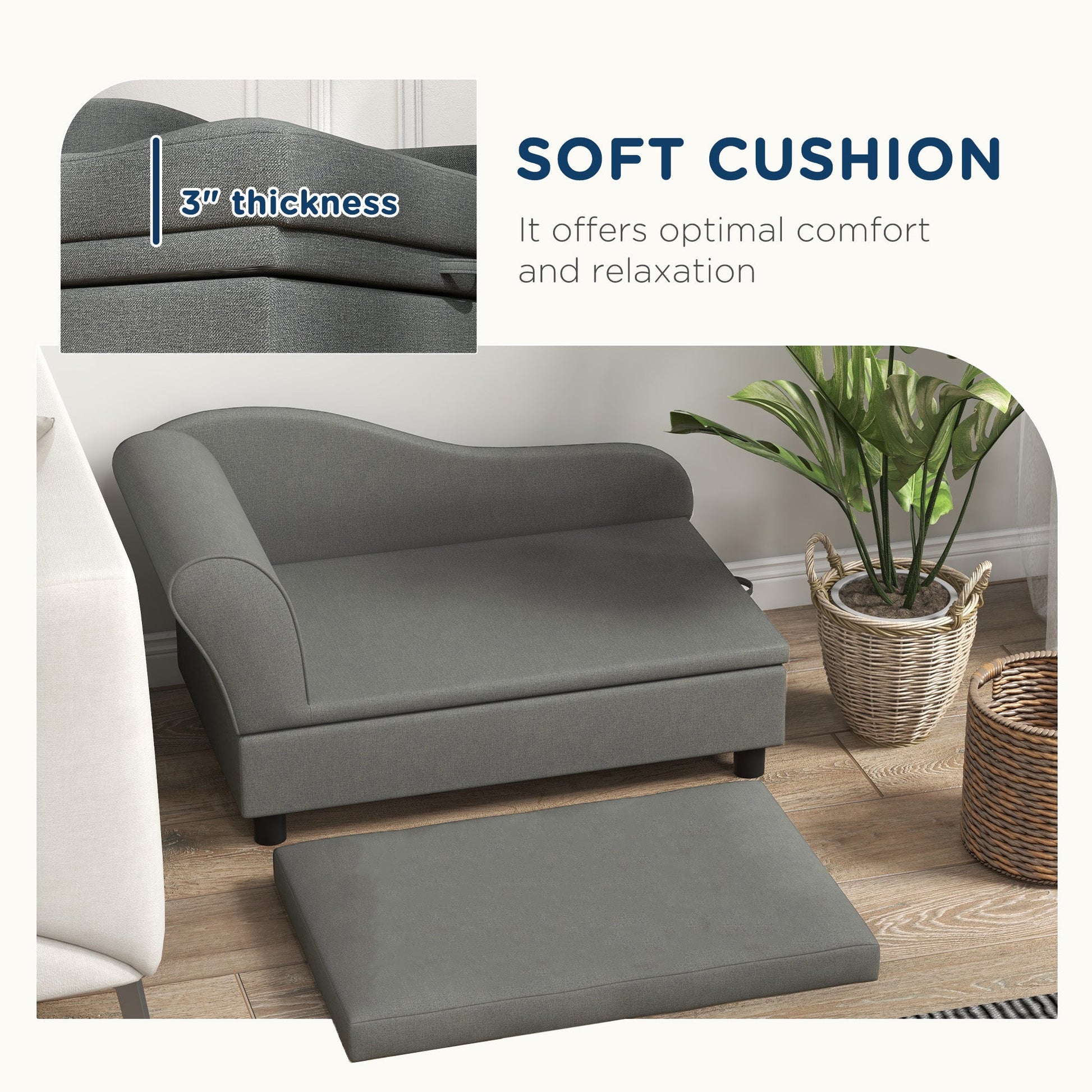 KFX-5356349 Cozy Gray Pet Sofa for Small Dogs with Under-Seat Storage and Comfortable Cushion