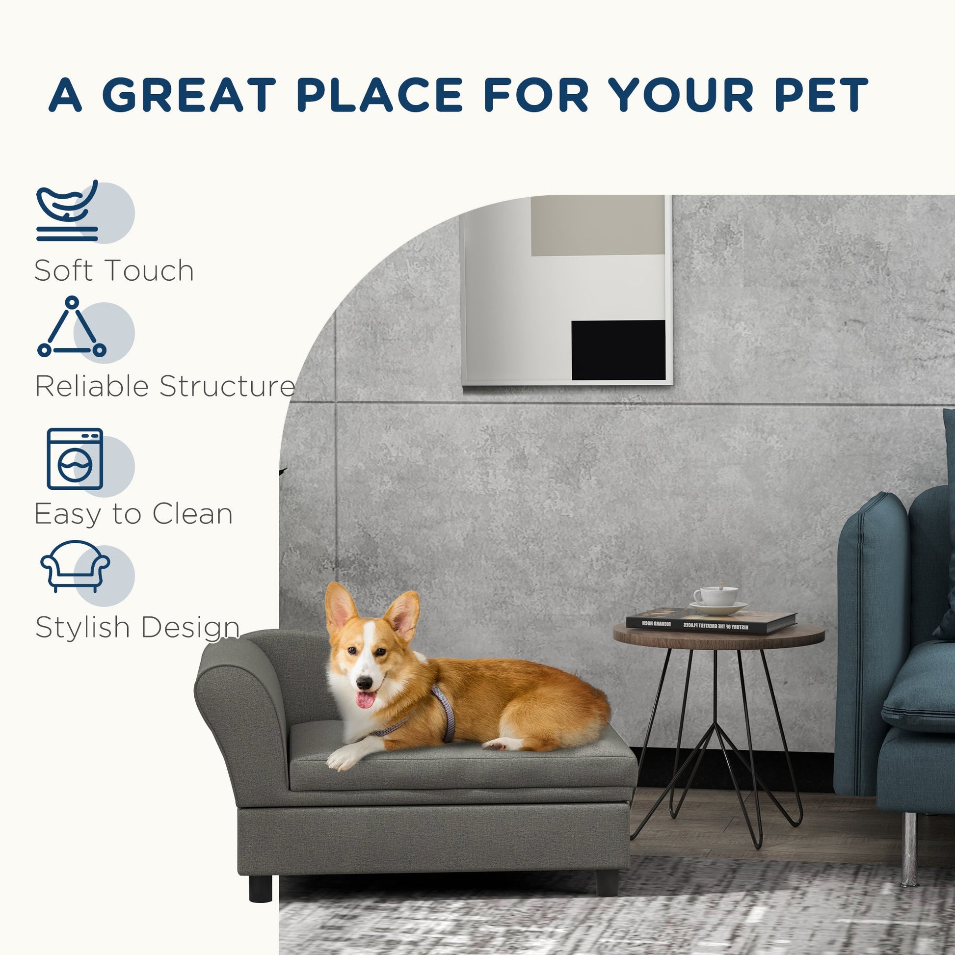 KFX-5356349 Cozy Gray Pet Sofa for Small Dogs with Under-Seat Storage and Comfortable Cushion
