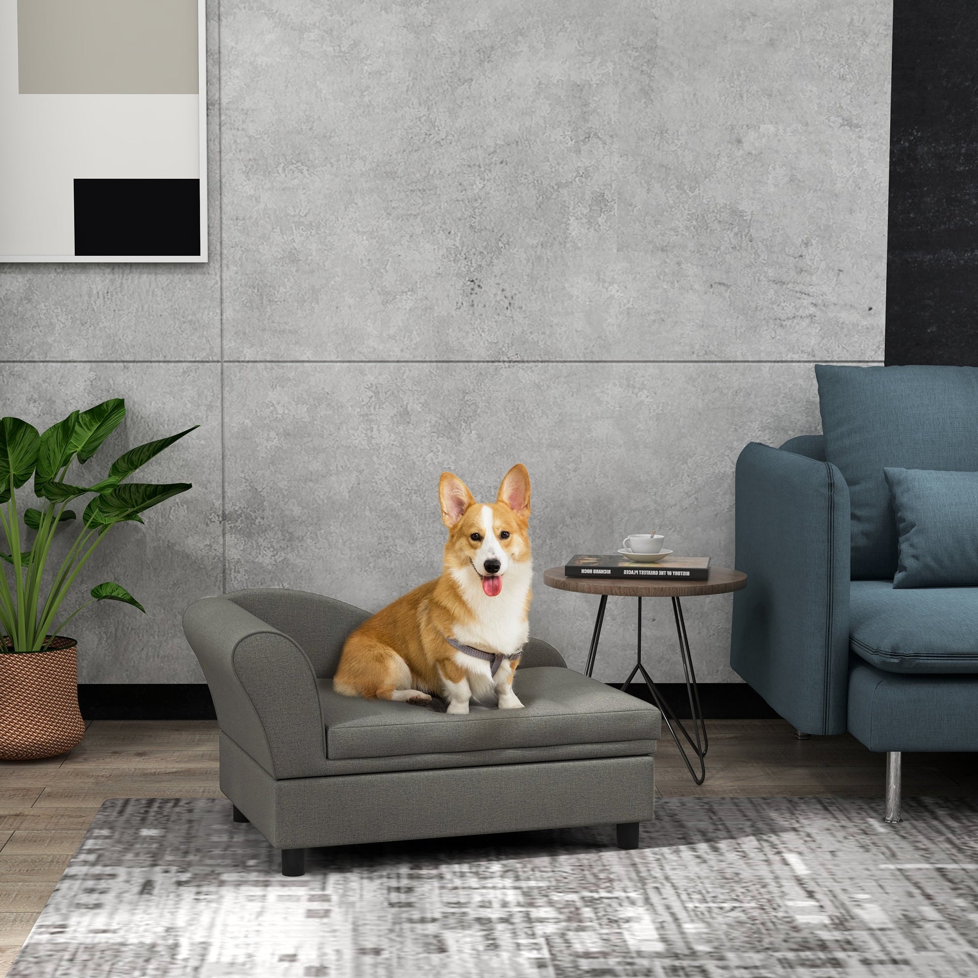 KFX-5356349 Cozy Gray Pet Sofa for Small Dogs with Under-Seat Storage and Comfortable Cushion