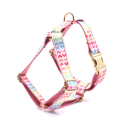 KFX-5356989 Colorful Pink Heart-Shaped Dog Chest and Back Harness with Gold Buckle
