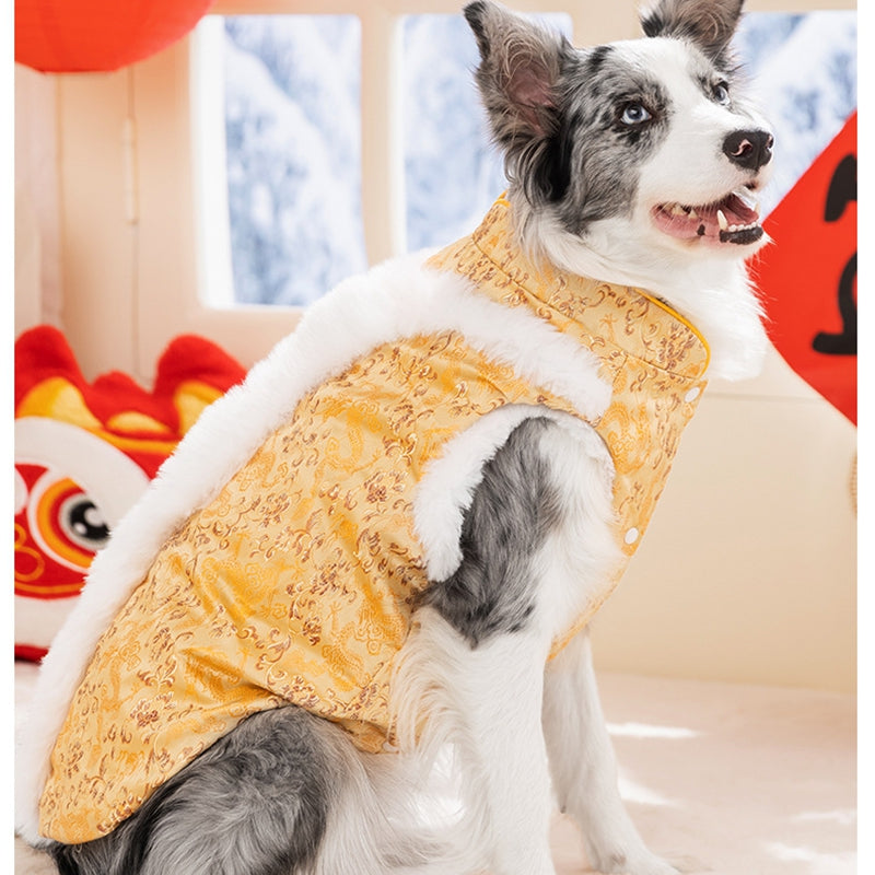 KFX-5362237 Chinese Dragon Brocade Pet Vest with Faux Fur Trim for Large and Medium Dogs