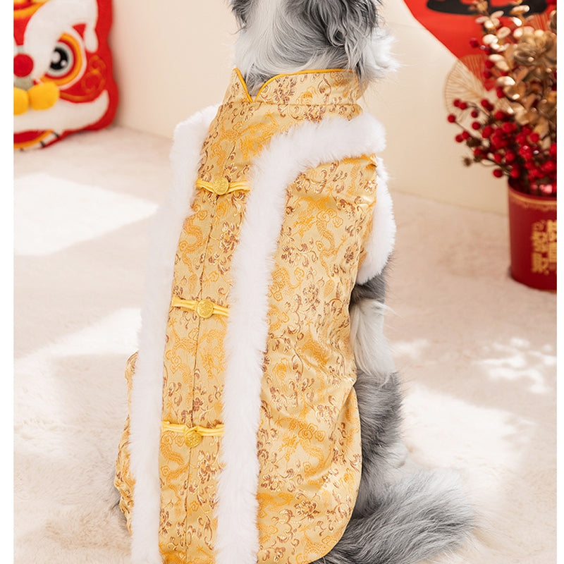 KFX-5362237 Chinese Dragon Brocade Pet Vest with Faux Fur Trim for Large and Medium Dogs
