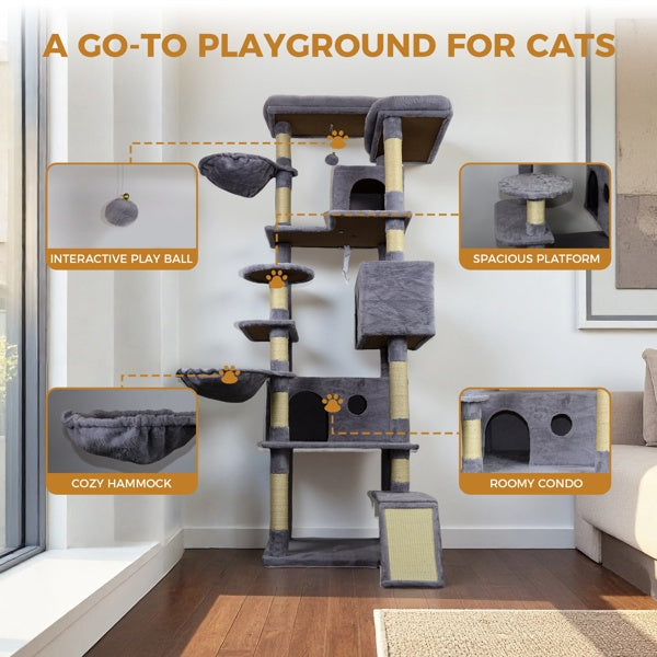KFX-5372477 Dark Gray Cat Tree Tower with Large Hideaway Condos, Scratching Posts, Hammocks, and Interactive Toy