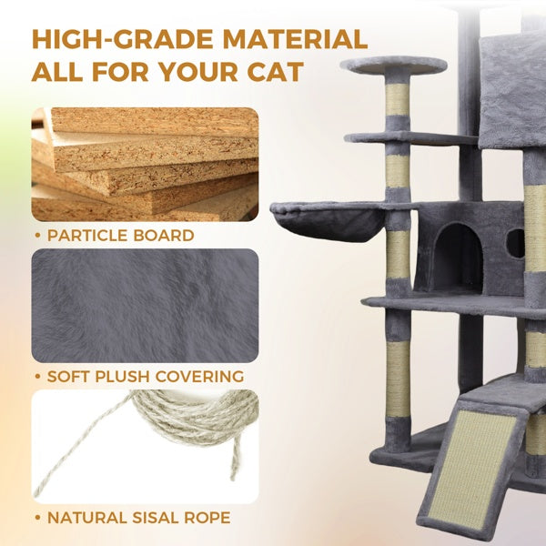 KFX-5372477 Dark Gray Cat Tree Tower with Large Hideaway Condos, Scratching Posts, Hammocks, and Interactive Toy