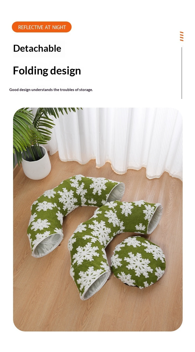 KFX-5373245 Cozy Green Snowflakes Pet Tunnel Bed for Cats