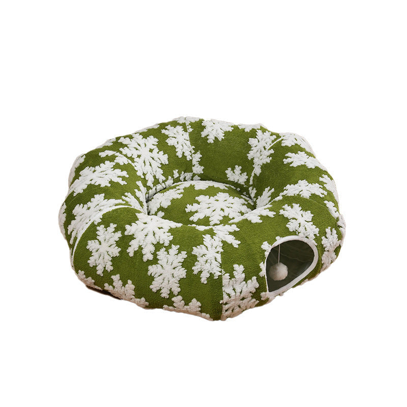 KFX-5373245 Cozy Green Snowflakes Pet Tunnel Bed for Cats
