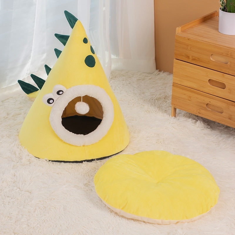 KFX-5378237 Universal Yellow Dinosaur-Shaped Cat Nest for Cozy Comfort and Warmth