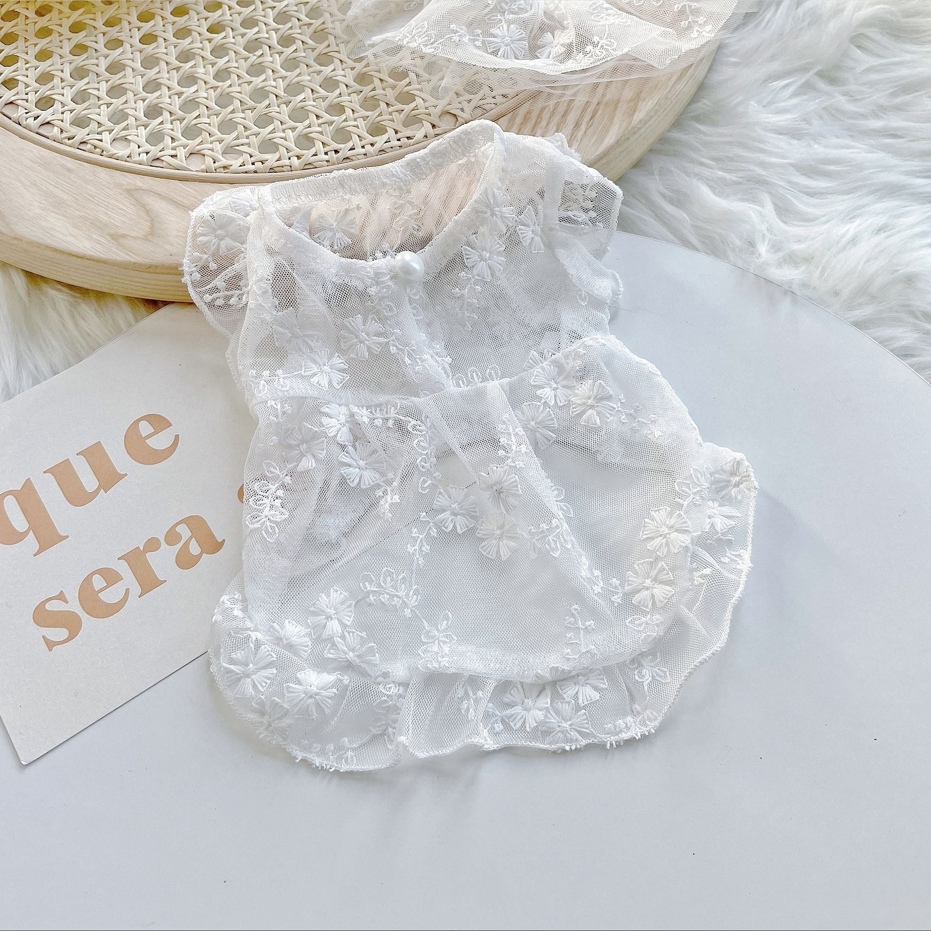 KFX-5379517 Cute White Lace Tulle Dog Skirt with Embroidery for Summer Wear