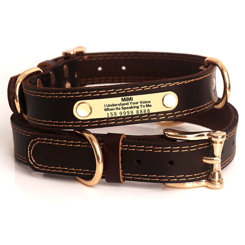 KFX-5384509 Genuine Leather Dog Collar with Adjustable Fit and Engraved Nameplate for All Dogs