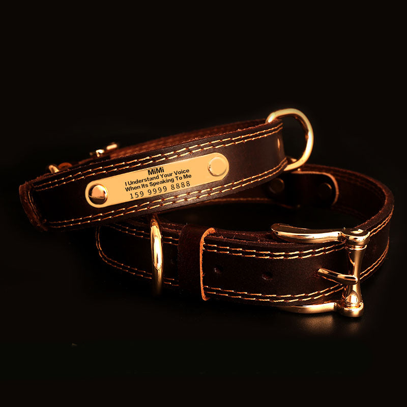 KFX-5384509 Genuine Leather Dog Collar with Adjustable Fit and Engraved Nameplate for All Dogs