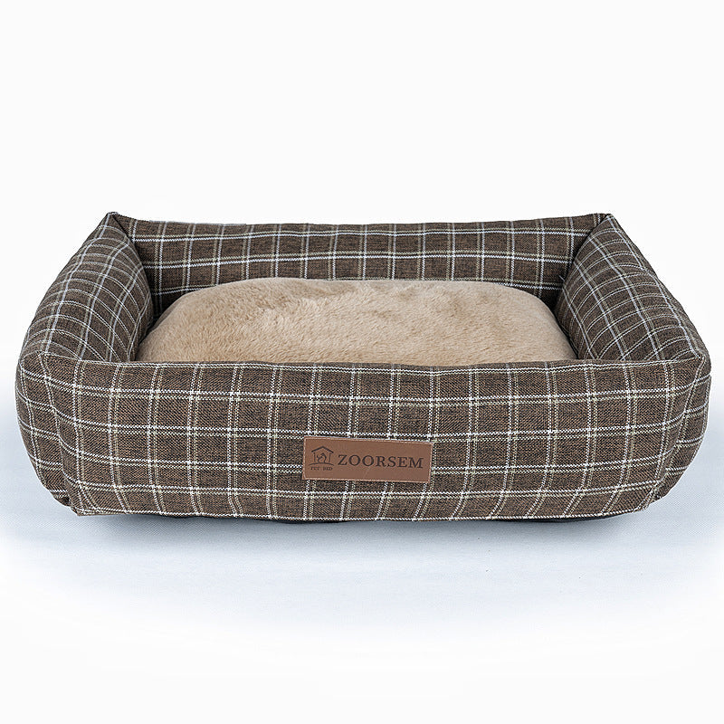 KFX-5390525 Warm Linen Square Pet Bed for Autumn and Winter - Gray, Brown, Plaid Designs in Various Sizes