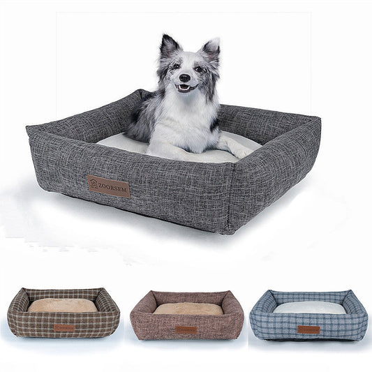 KFX-5390525 Warm Linen Square Pet Bed for Autumn and Winter - Gray, Brown, Plaid Designs in Various Sizes