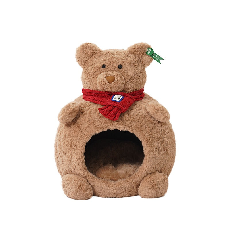 KFX-5400253 Cozy Brown Bear Cat Bed – Fully Enclosed, Removable & Washable Pet Nest for All Seasons