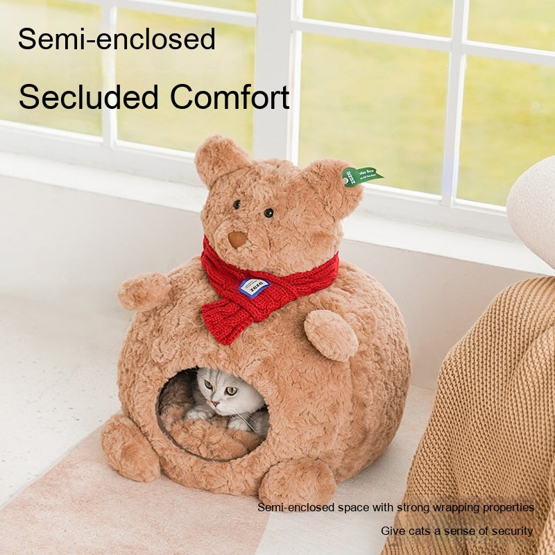 KFX-5400253 Cozy Brown Bear Cat Bed – Fully Enclosed, Removable & Washable Pet Nest for All Seasons