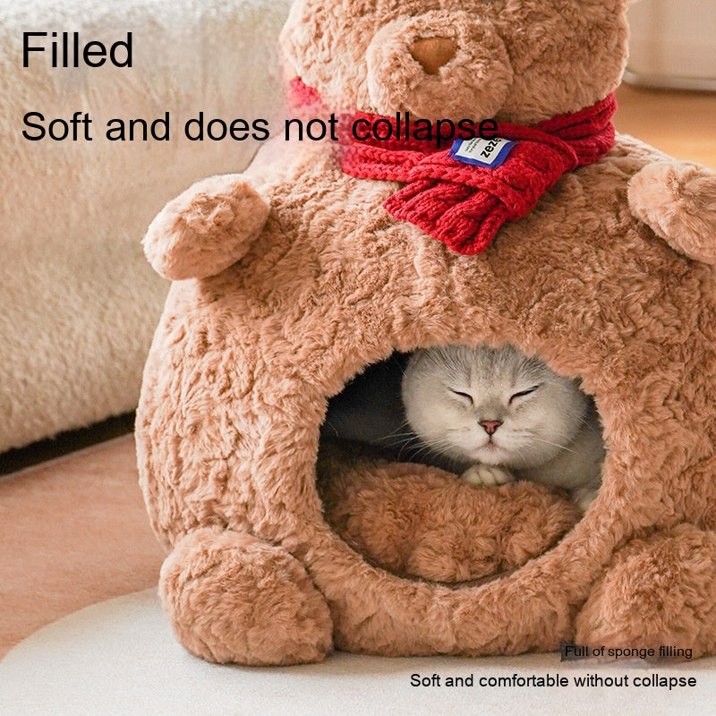 KFX-5400253 Cozy Brown Bear Cat Bed – Fully Enclosed, Removable & Washable Pet Nest for All Seasons