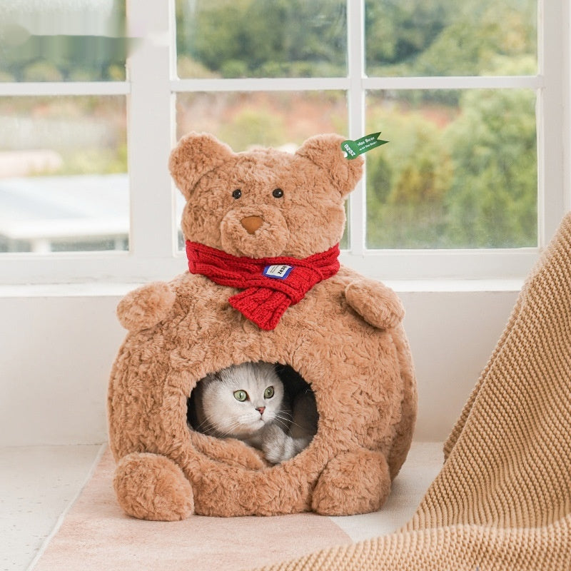 KFX-5400253 Cozy Brown Bear Cat Bed – Fully Enclosed, Removable & Washable Pet Nest for All Seasons