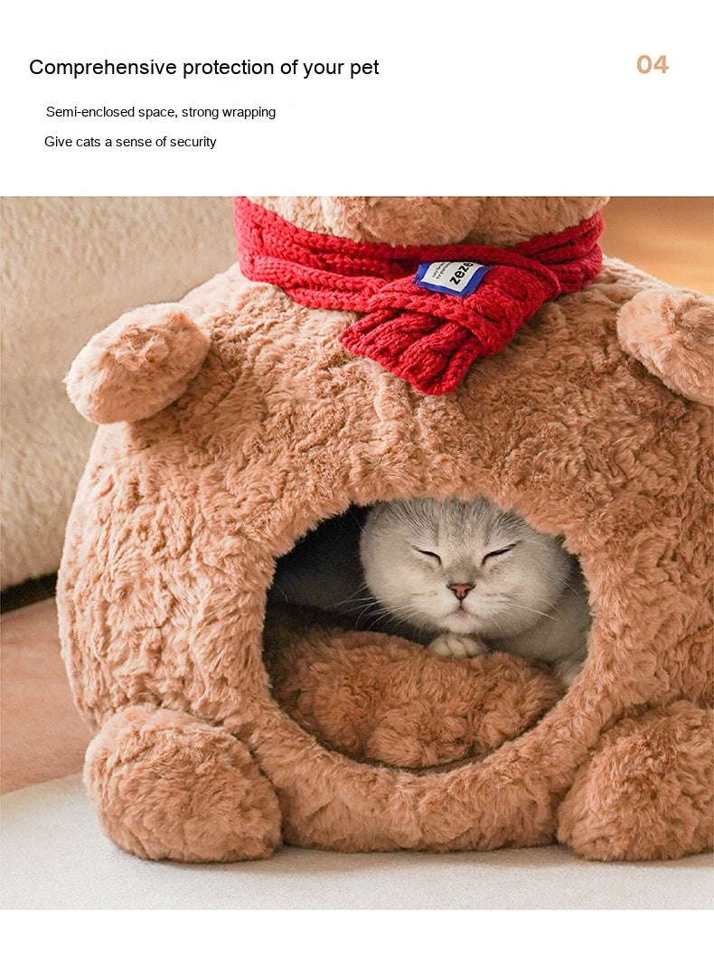 KFX-5400253 Cozy Brown Bear Cat Bed – Fully Enclosed, Removable & Washable Pet Nest for All Seasons