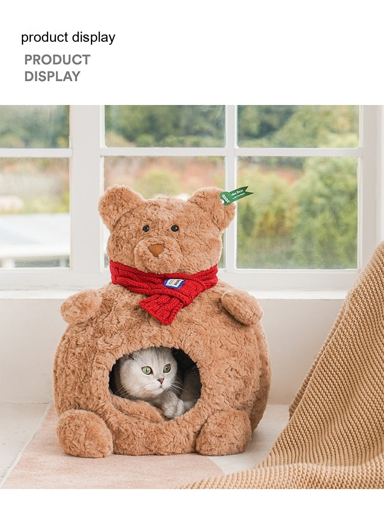 KFX-5400253 Cozy Brown Bear Cat Bed – Fully Enclosed, Removable & Washable Pet Nest for All Seasons