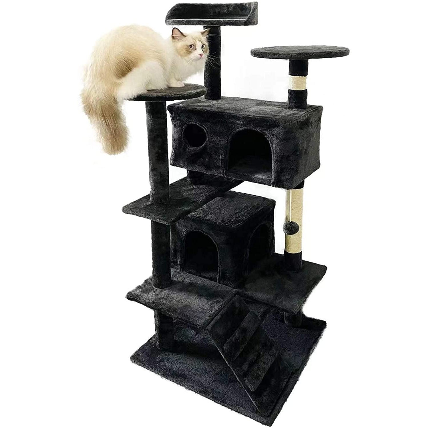 KFX-5403581 Stylish Cat Climbing Frame with Scratching Board and Plush Napping Area, Dark Grey and Beige