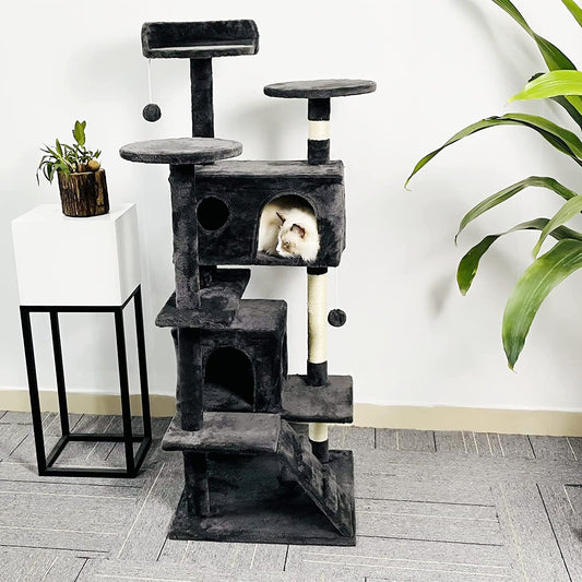 KFX-5403581 Stylish Cat Climbing Frame with Scratching Board and Plush Napping Area, Dark Grey and Beige