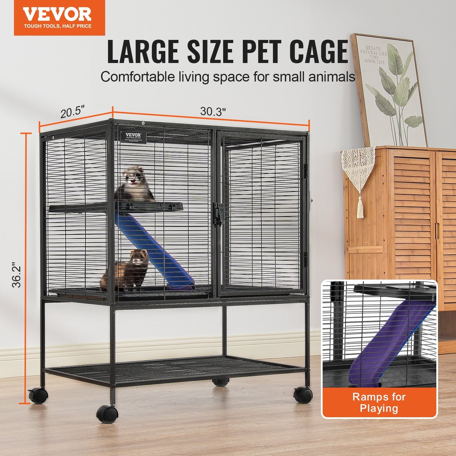 KFX-5405629 2-Tier Rolling Metal Ferret Cage with Spacious Living Area and Easy-Clean Tray