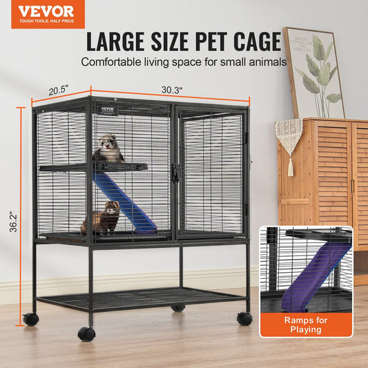 KFX-5405629 2-Tier Rolling Metal Ferret Cage with Spacious Living Area and Easy-Clean Tray