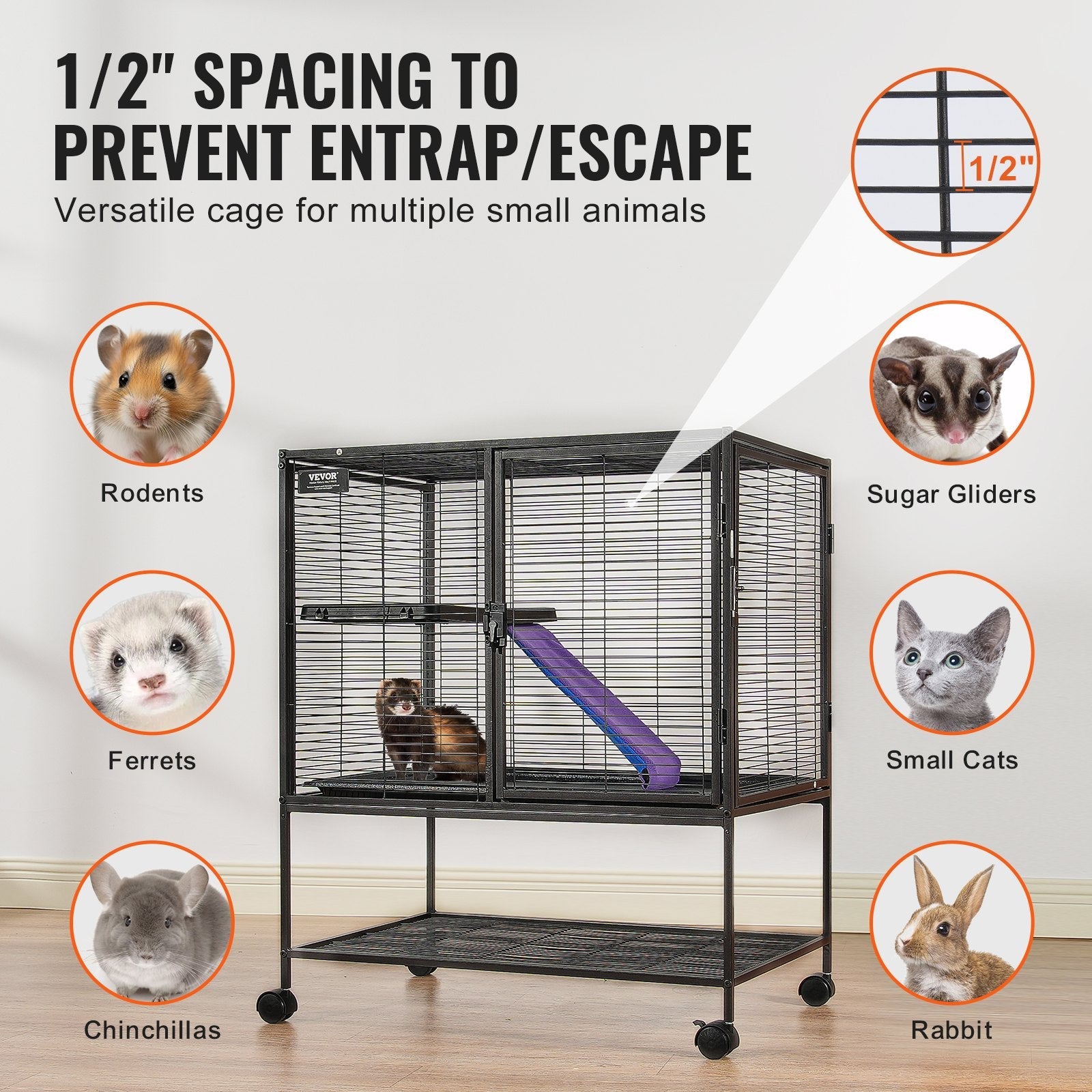 KFX-5405629 2-Tier Rolling Metal Ferret Cage with Spacious Living Area and Easy-Clean Tray