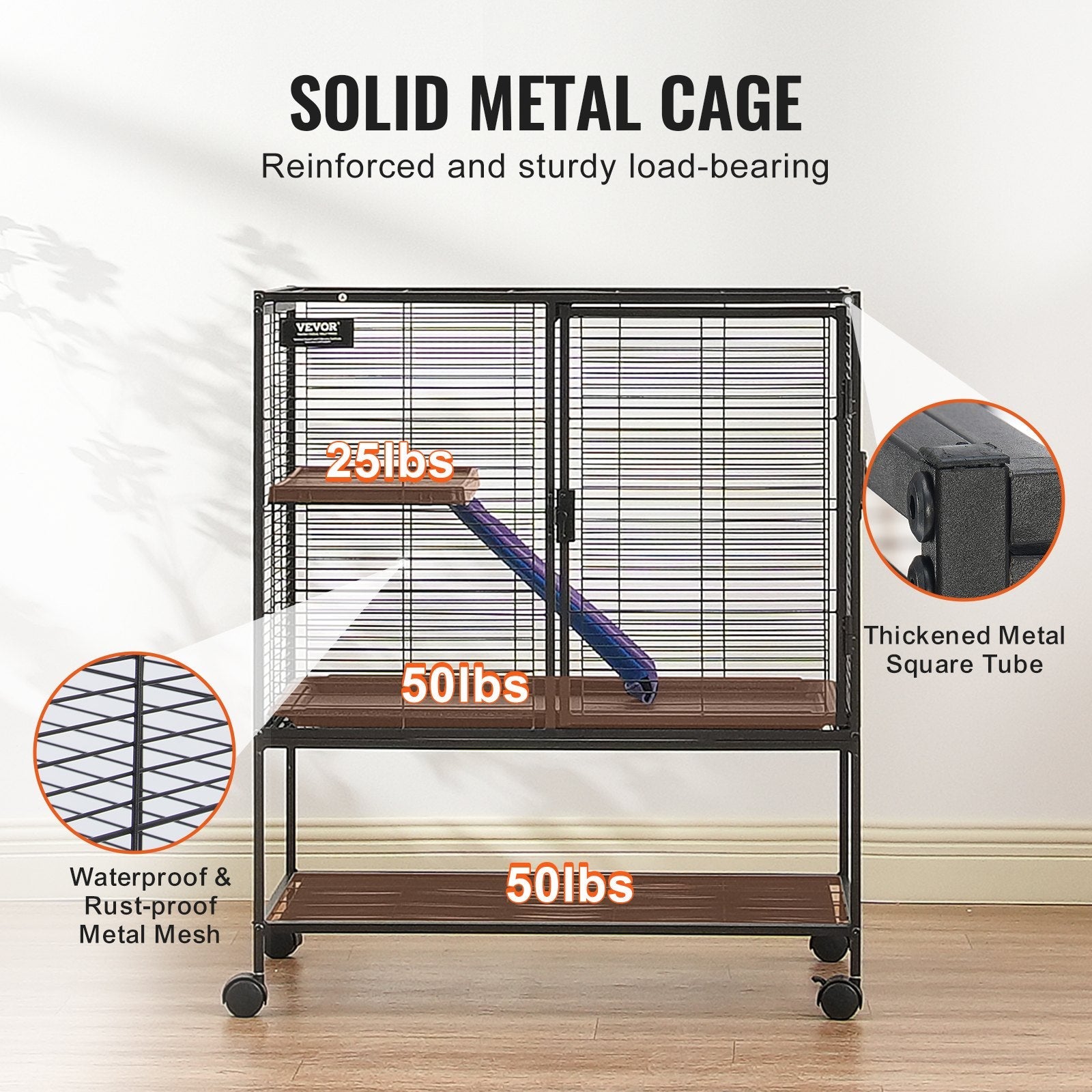 KFX-5405629 2-Tier Rolling Metal Ferret Cage with Spacious Living Area and Easy-Clean Tray