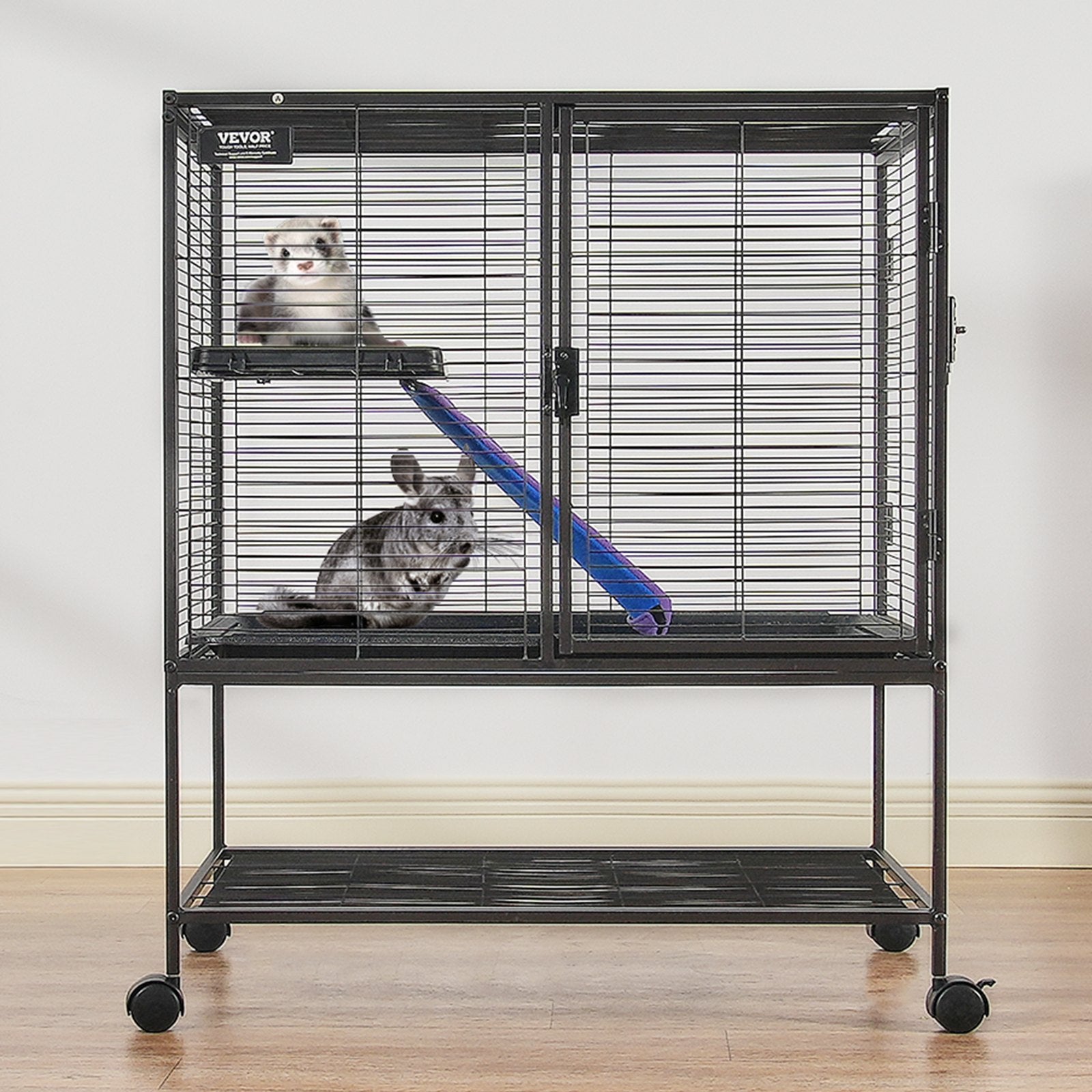 KFX-5405629 2-Tier Rolling Metal Ferret Cage with Spacious Living Area and Easy-Clean Tray