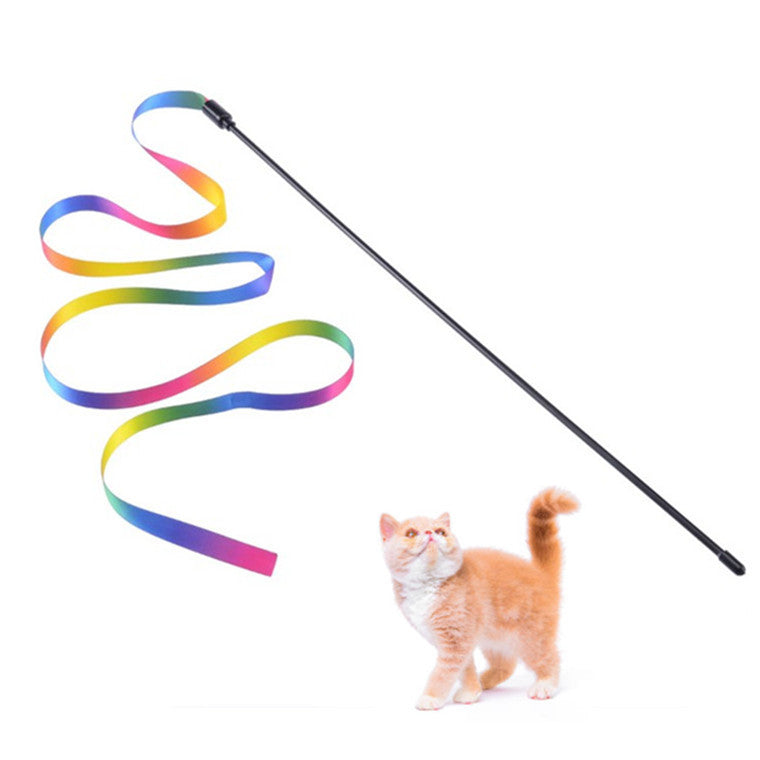 KFX-5418301 Rainbow Ribbon Cat Teaser Stick - Plush Interactive Toy for Playful Cats, 60cm & 120cm Options