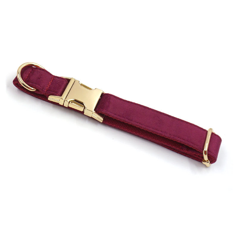 KFX-5419325 Burgundy Velvet Pet Collar with Engraved Gold Clasp for Dogs, Available in Multiple Sizes