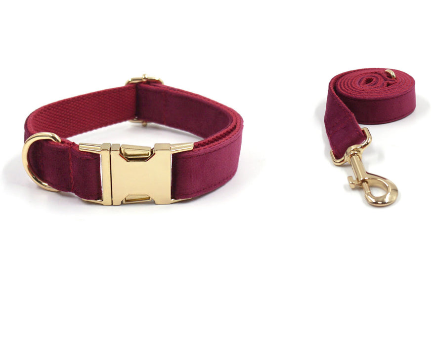 KFX-5419325 Burgundy Velvet Pet Collar with Engraved Gold Clasp for Dogs, Available in Multiple Sizes