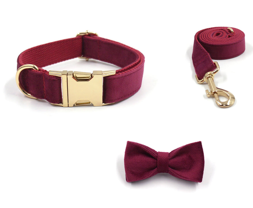 KFX-5419325 Burgundy Velvet Pet Collar with Engraved Gold Clasp for Dogs, Available in Multiple Sizes