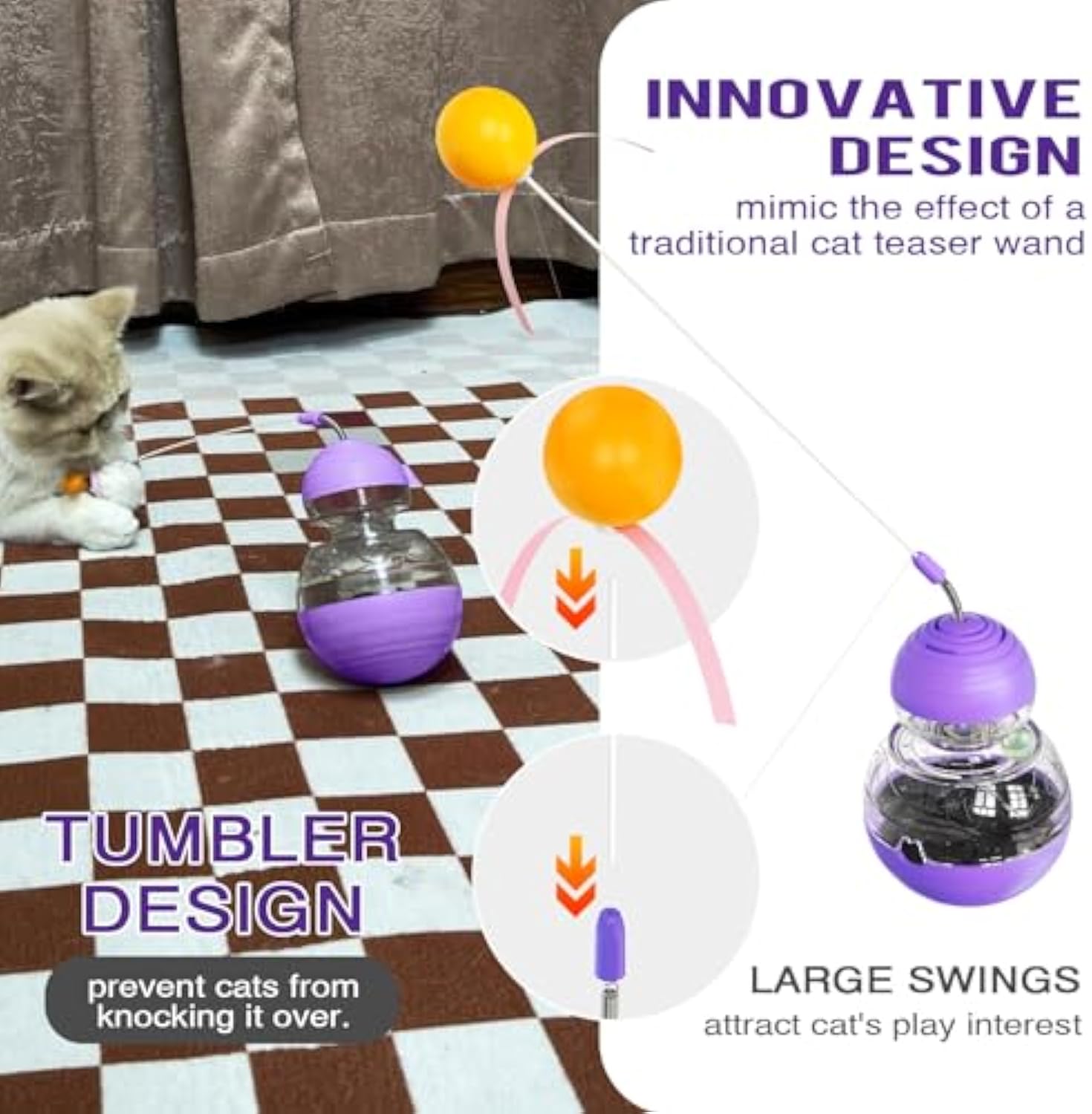 KFX-5420733 Interactive Cat Toy with Slow Food Dispenser, Teaser Wand, and Wobble Design for Indoor Cats