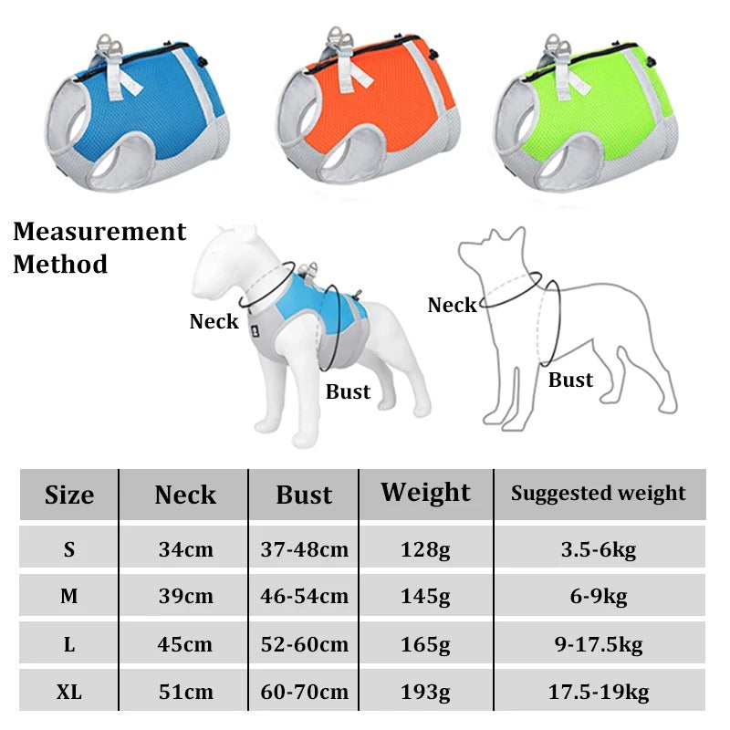 KFX-5422525 Summer Pet Cool Traction Vest in Sky Blue, Orange, Fluorescent Green - Ice Silk Material, Sizes S-XL