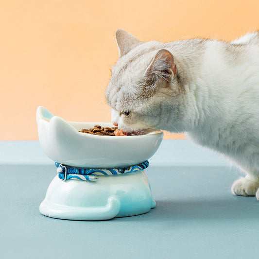KFX-5423421 Ceramic Cat Food Bowl - Cervical Vertebra Design in Blue and Pink