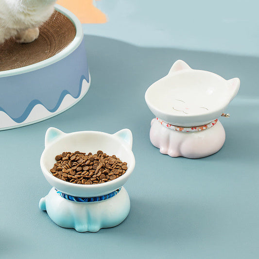 KFX-5423421 Ceramic Cat Food Bowl - Cervical Vertebra Design in Blue and Pink