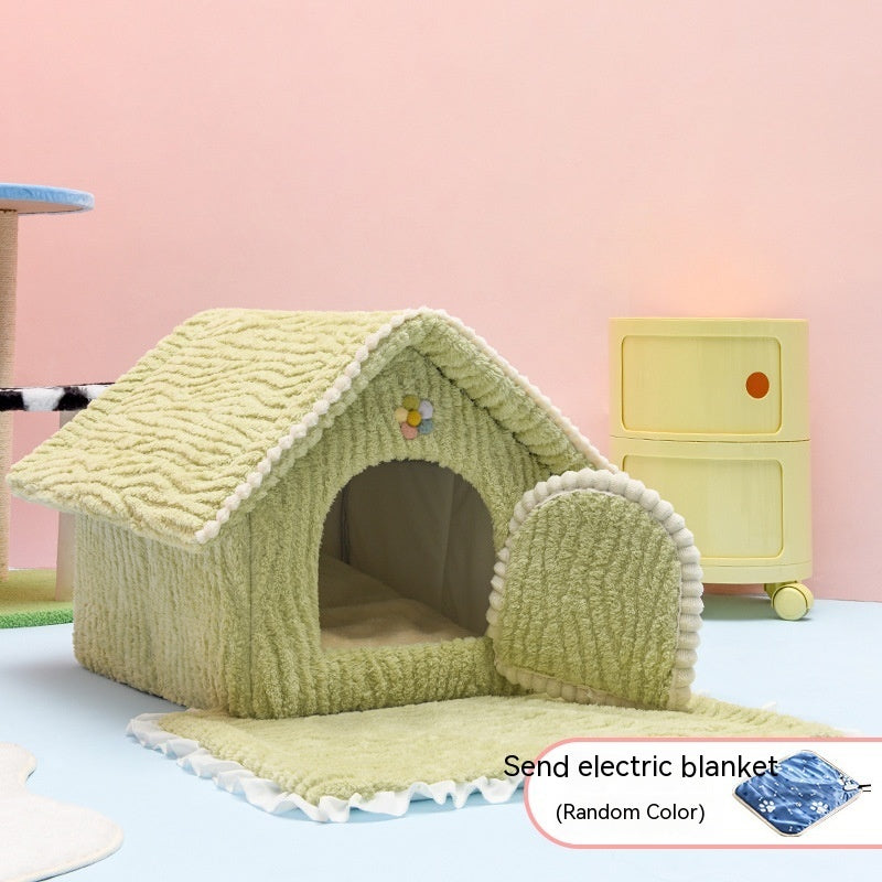KFX-5427261 Four Seasons Universal Pet Bed with Electric Blanket – Cozy Cloth Design in Pink and Green